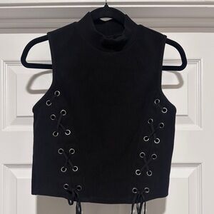 0060- Topshop Black Lace-Up Ribbed Mock Neck Sleeveless Top